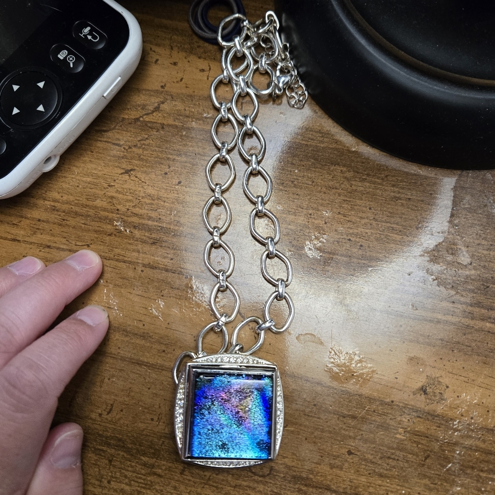 Silver Chain Necklace with Iridescent Blue Square Pendant